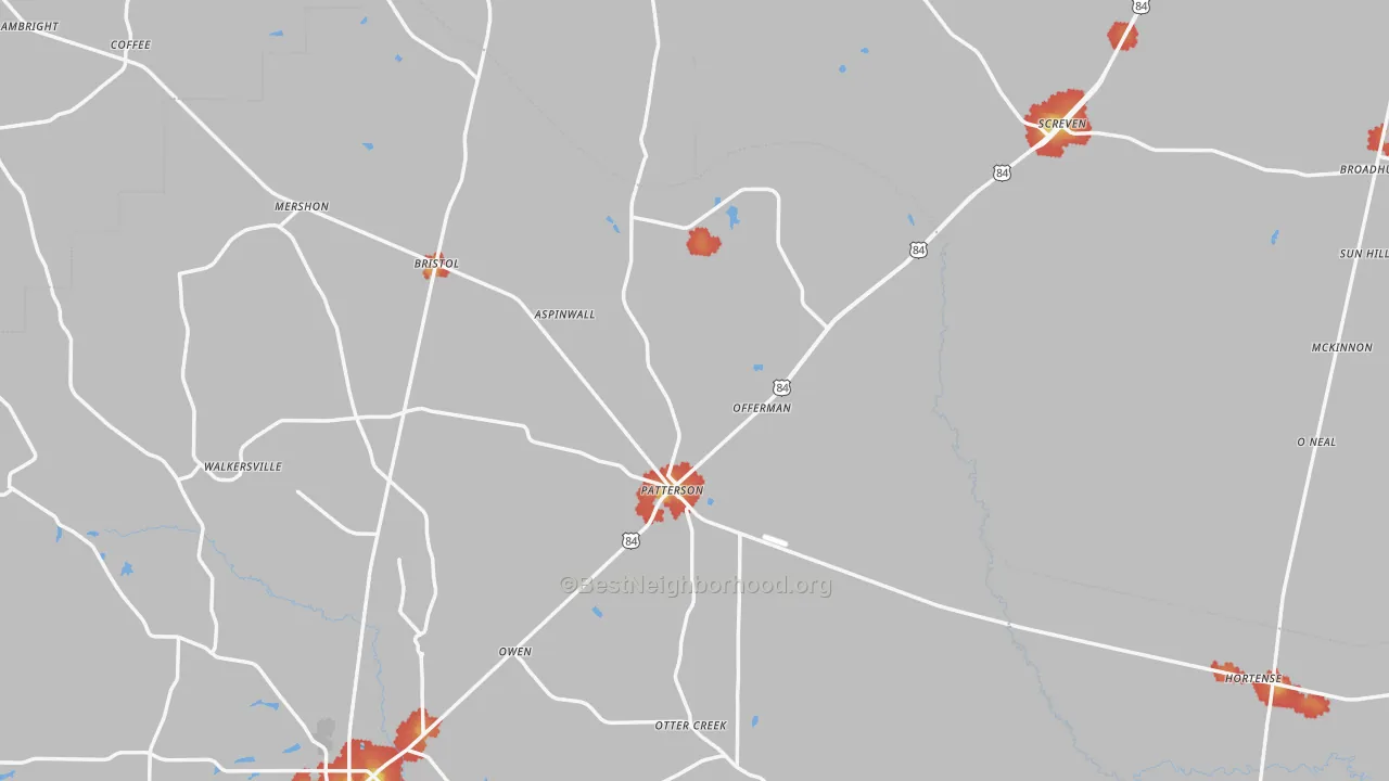 Walk Grade map of Offerman, GA, walkable areas in green and car-dependent areas in red