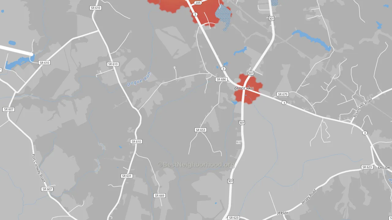 Walk Grade map of Office Hall, VA, walkable areas in green and car-dependent areas in red