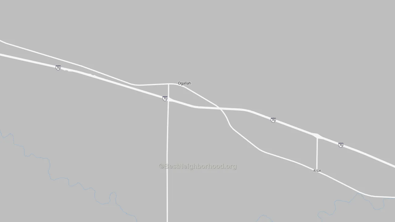 Walk Grade map of Ogallah, KS, walkable areas in green and car-dependent areas in red
