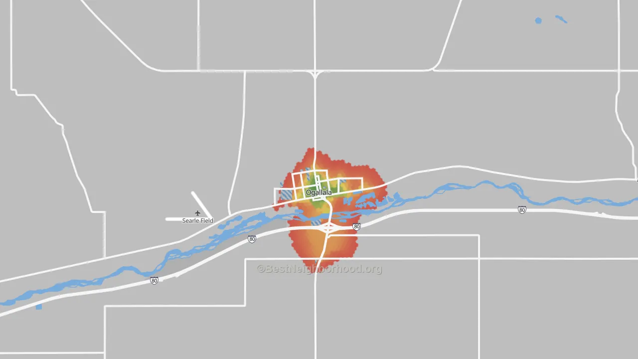 Walk Grade map of Ogallala, NE, walkable areas in green and car-dependent areas in red