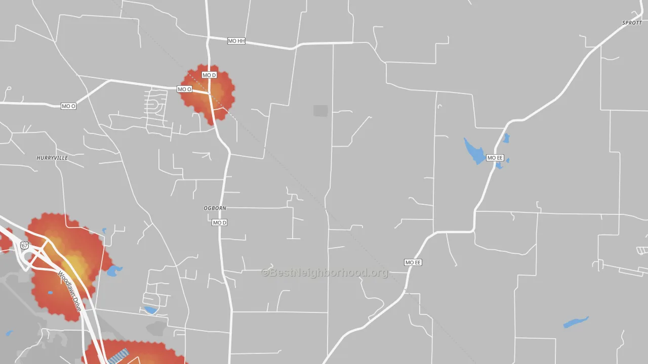 Walk Grade map of Ogborn, MO, walkable areas in green and car-dependent areas in red
