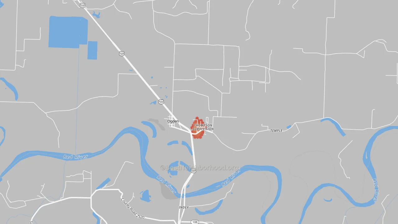 Walk Grade map of Ogden, AR, walkable areas in green and car-dependent areas in red