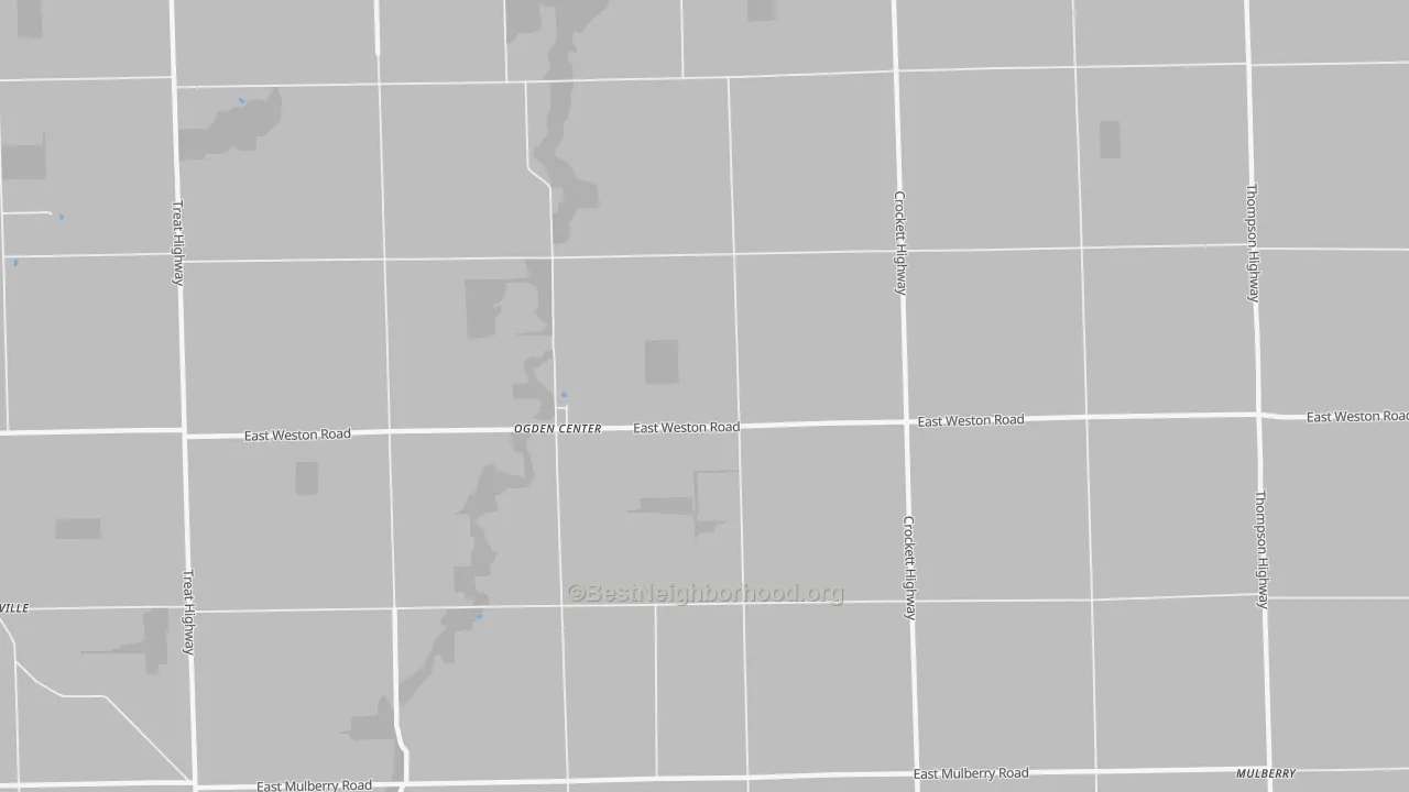 Walk Grade map of Ogden Center, MI, walkable areas in green and car-dependent areas in red