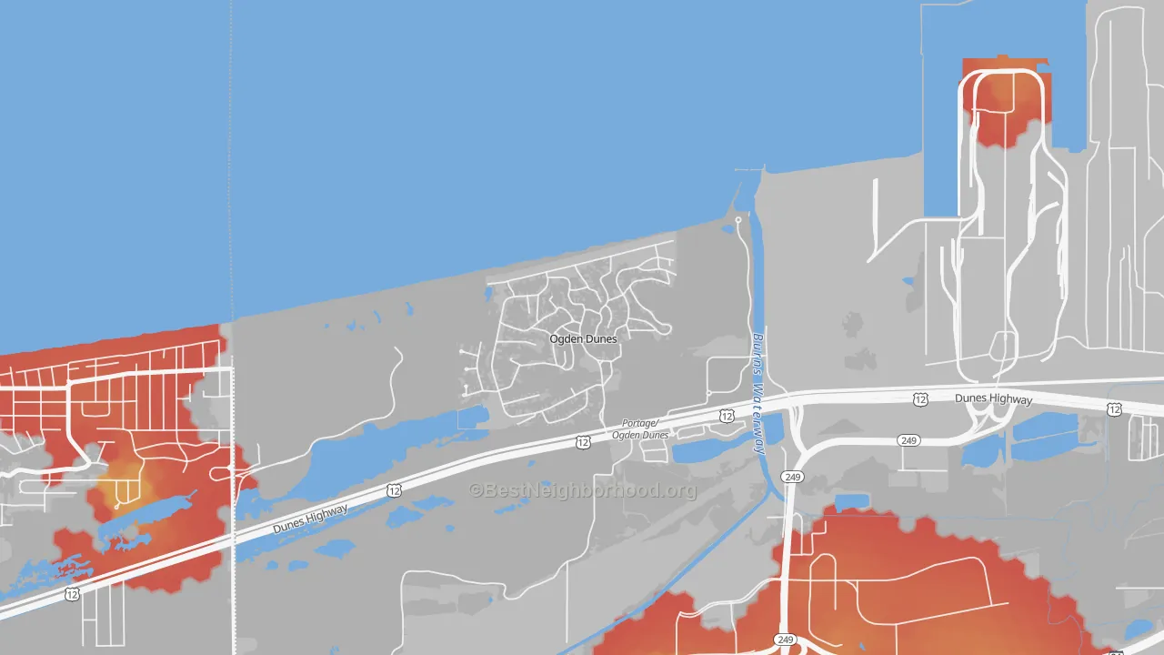 Walk Grade map of Ogden Dunes, IN, walkable areas in green and car-dependent areas in red