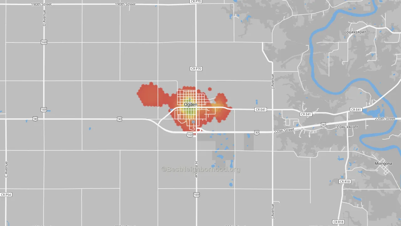 Walk Grade map of Ogden, IA, walkable areas in green and car-dependent areas in red