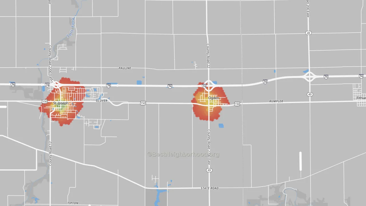Walk Grade map of Ogden, IL, walkable areas in green and car-dependent areas in red