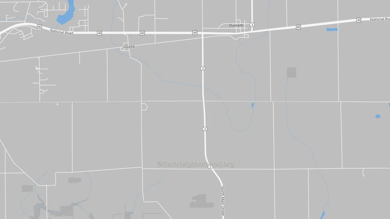 Walk Grade map of Ogden, IN, walkable areas in green and car-dependent areas in red