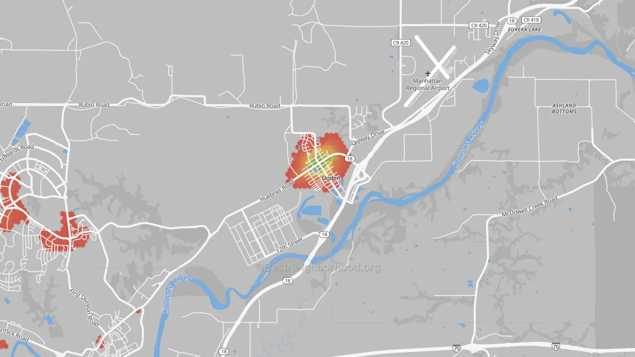 Walk Grade map of Ogden, KS, walkable areas in green and car-dependent areas in red