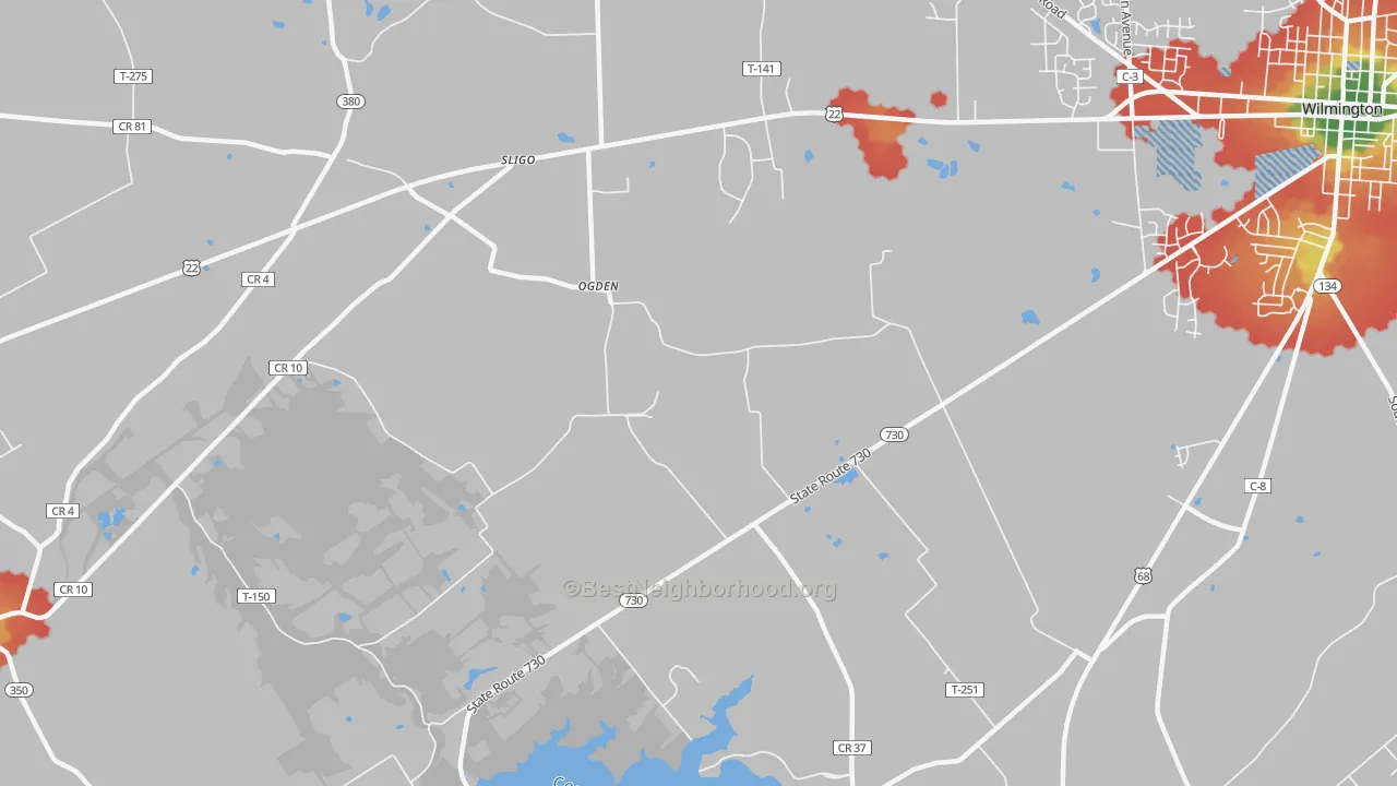 Walk Grade map of Ogden, OH, walkable areas in green and car-dependent areas in red