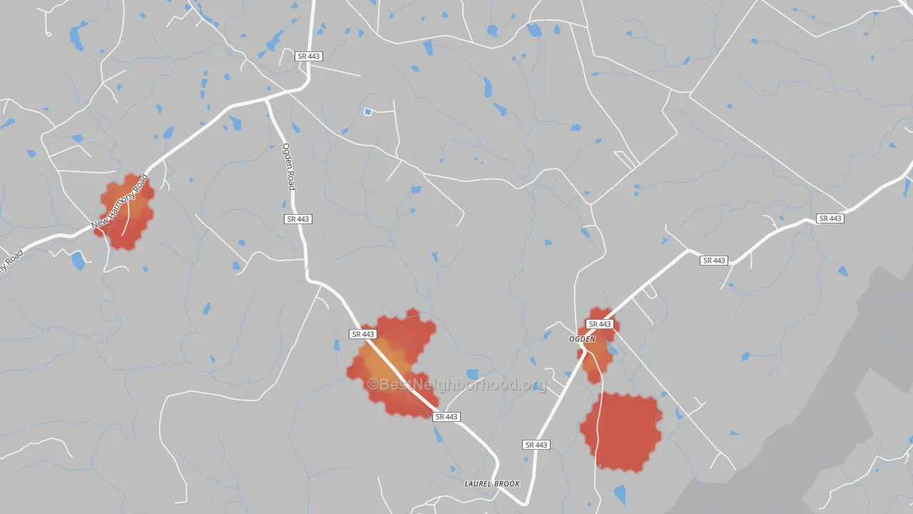 Walk Grade map of Ogden, TN, walkable areas in green and car-dependent areas in red