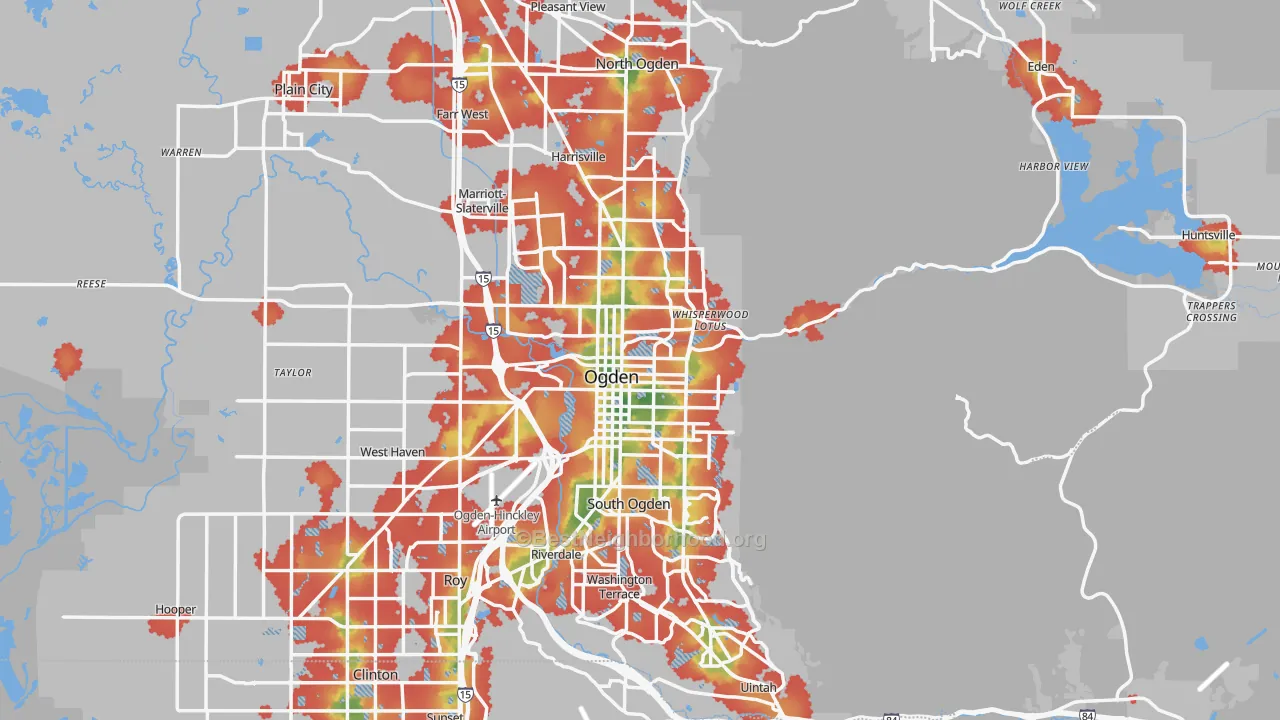 Walk Grade map of Ogden, UT, walkable areas in green and car-dependent areas in red