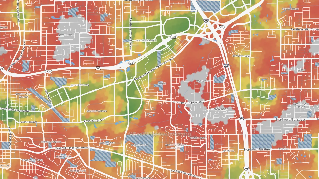 Walk Grade map of Ogden, Vancouver, WA, walkable areas in green and car-dependent areas in red