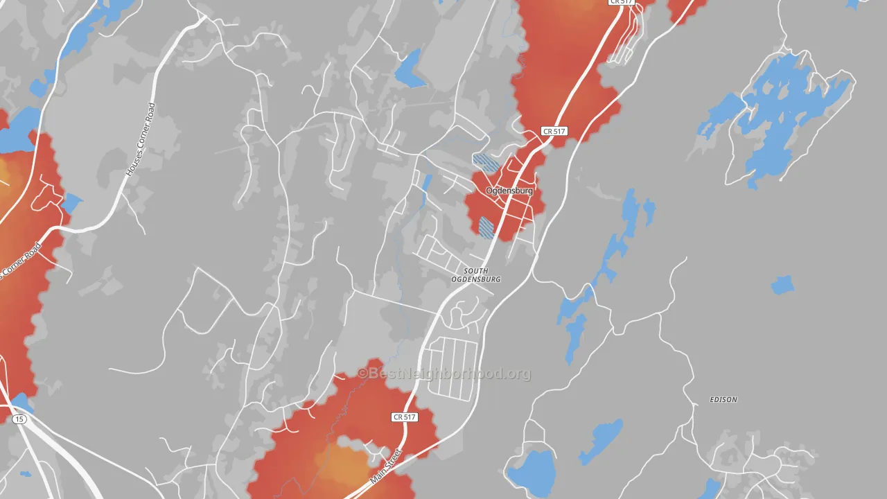 Walk Grade map of Ogdensburg, NJ, walkable areas in green and car-dependent areas in red
