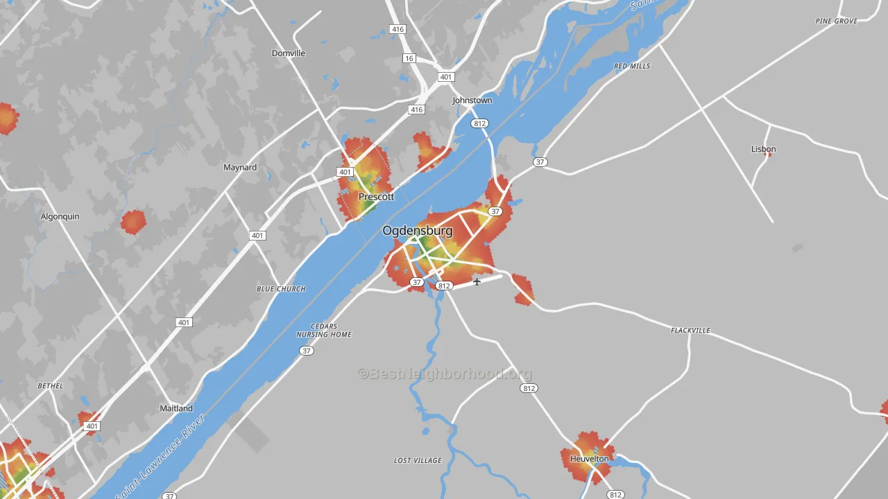 Walk Grade map of Ogdensburg, NY, walkable areas in green and car-dependent areas in red