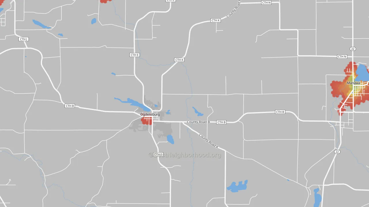 Walk Grade map of Ogdensburg, WI, walkable areas in green and car-dependent areas in red