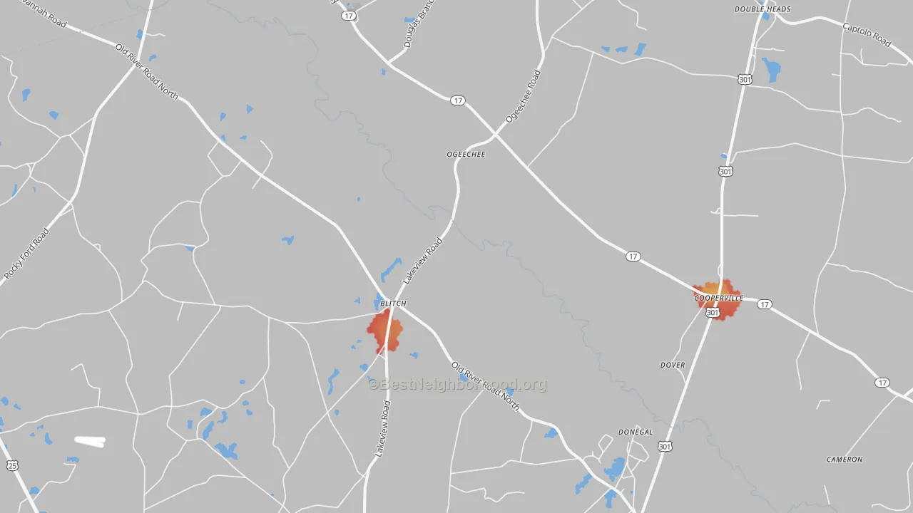 Walk Grade map of Ogeechee, GA, walkable areas in green and car-dependent areas in red