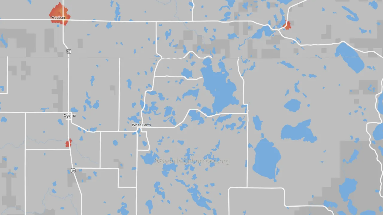 Walk Grade map of Ogema, MN, walkable areas in green and car-dependent areas in red