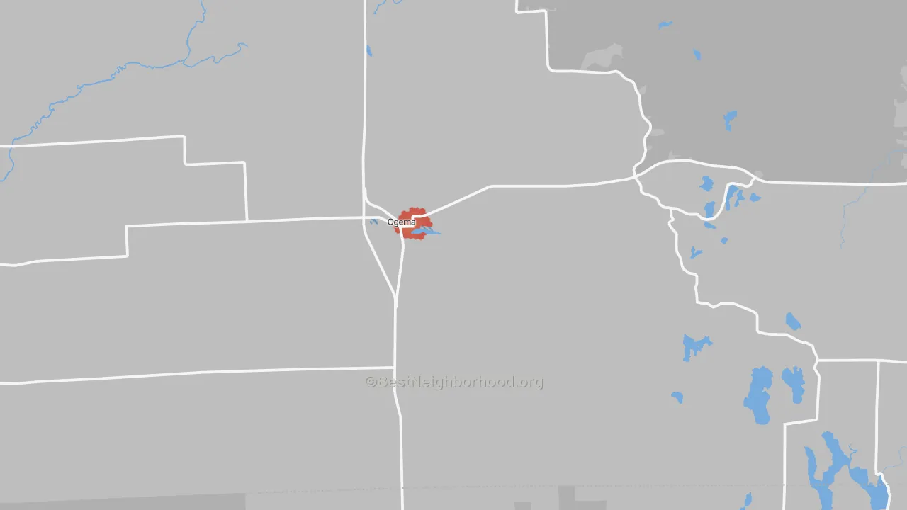 Walk Grade map of Ogema, WI, walkable areas in green and car-dependent areas in red