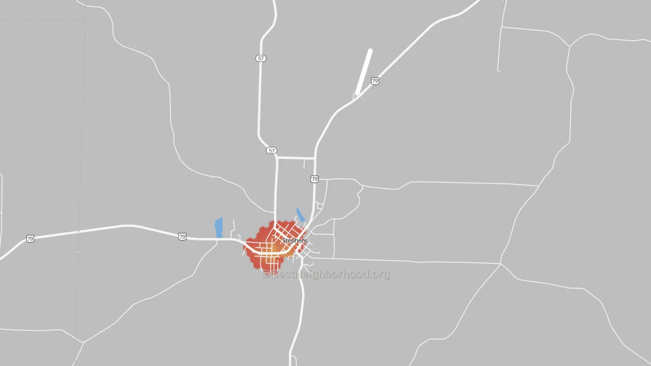 Walk Grade map of Ogemaw, AR, walkable areas in green and car-dependent areas in red
