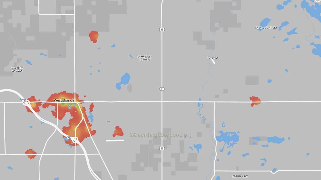 Walk Grade map of Ogemaw County, MI, walkable areas in green and car-dependent areas in red