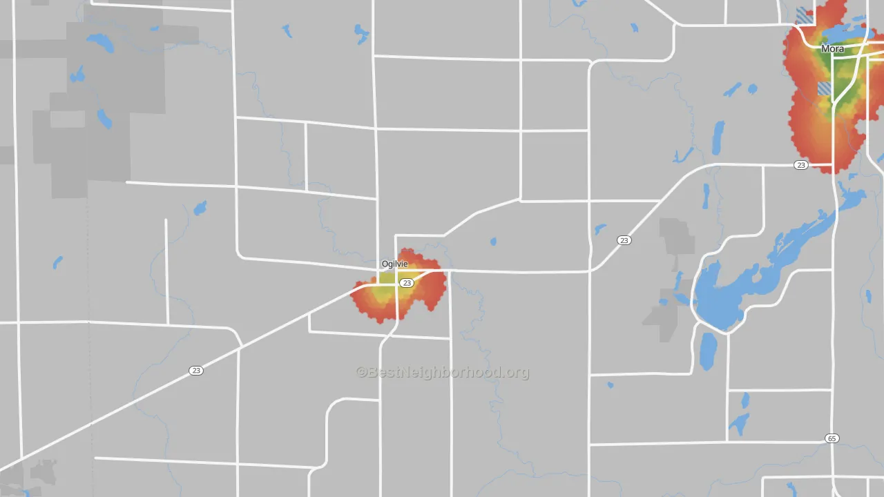 Walk Grade map of Ogilvie, MN, walkable areas in green and car-dependent areas in red