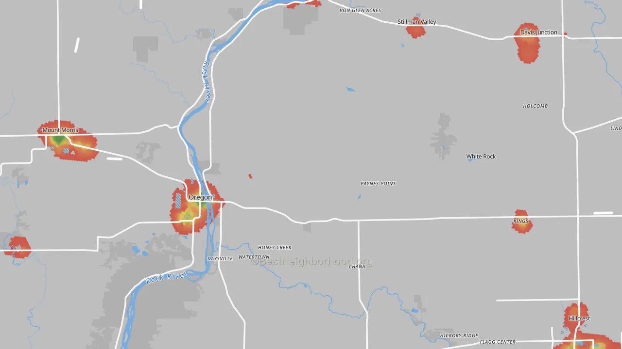 Walk Grade map of Ogle County, IL, walkable areas in green and car-dependent areas in red