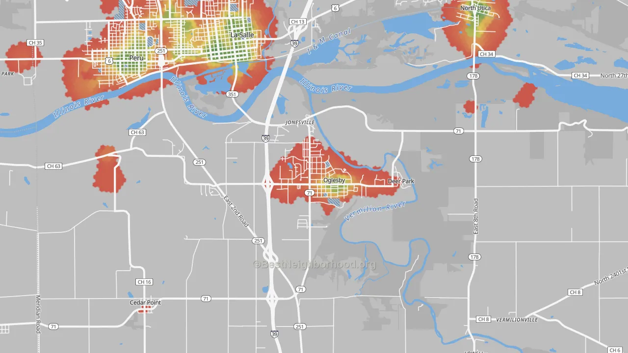 Walk Grade map of Oglesby, IL, walkable areas in green and car-dependent areas in red