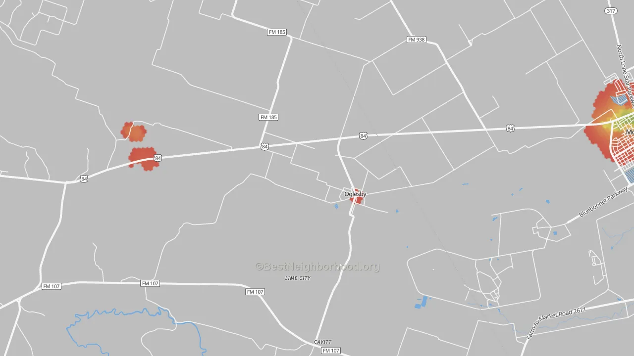Walk Grade map of Oglesby, TX, walkable areas in green and car-dependent areas in red