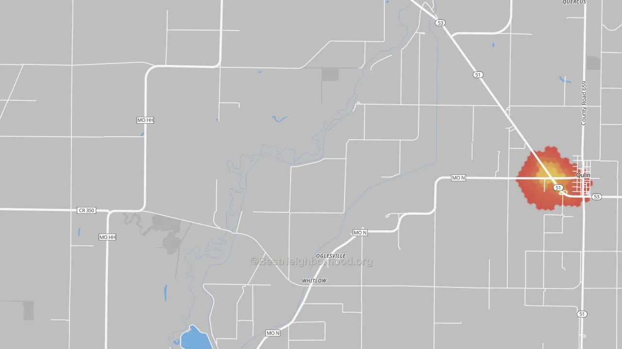 Walk Grade map of Oglesville, MO, walkable areas in green and car-dependent areas in red