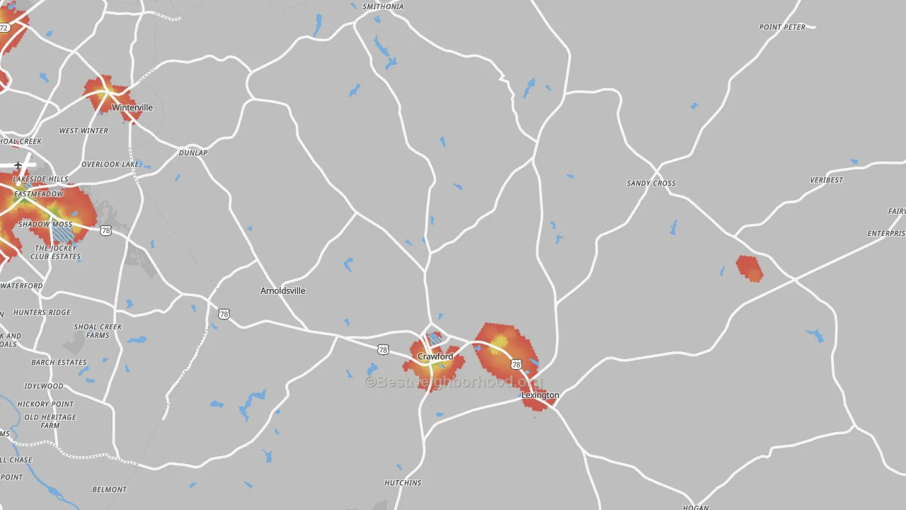 Walk Grade map of Oglethorpe County, GA, walkable areas in green and car-dependent areas in red