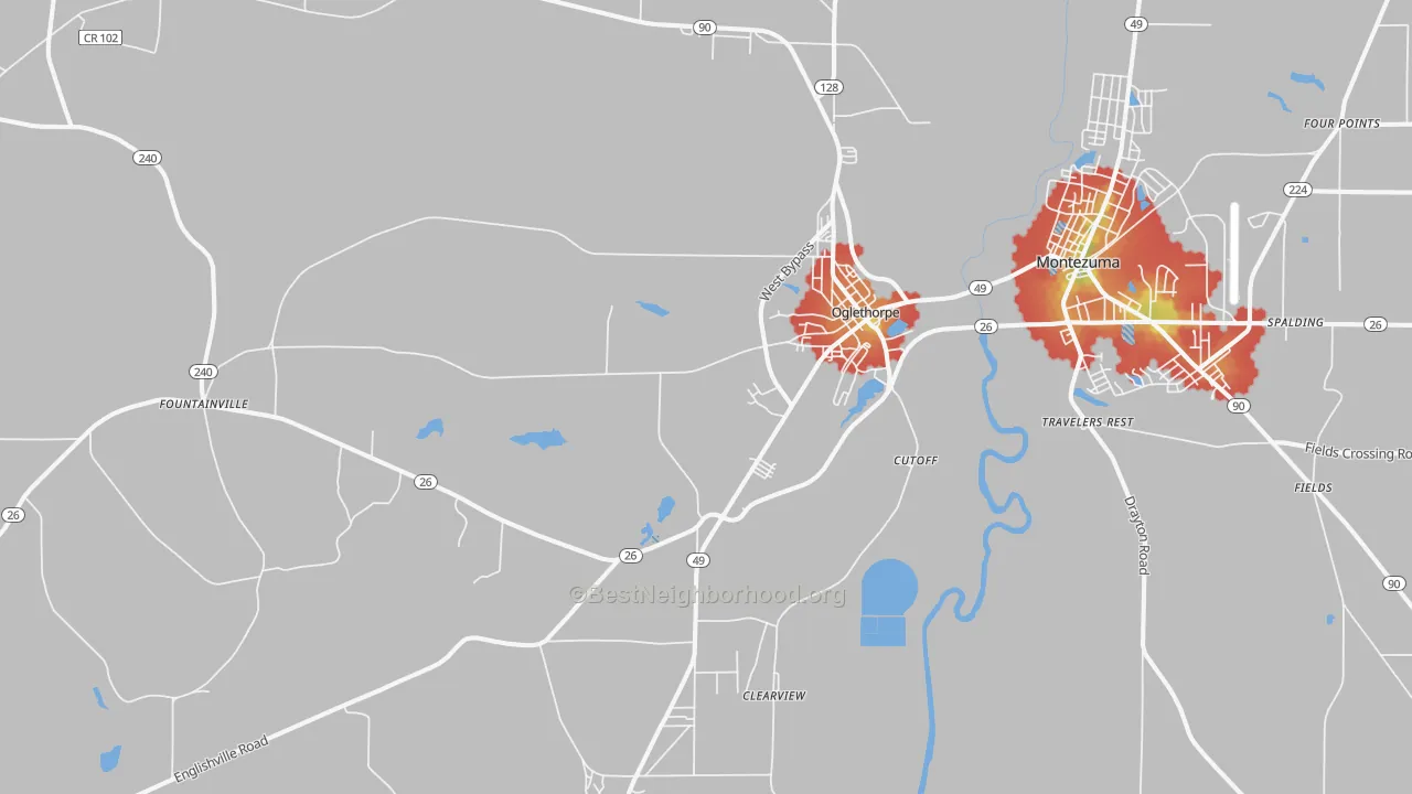 Walk Grade map of Oglethorpe, GA, walkable areas in green and car-dependent areas in red