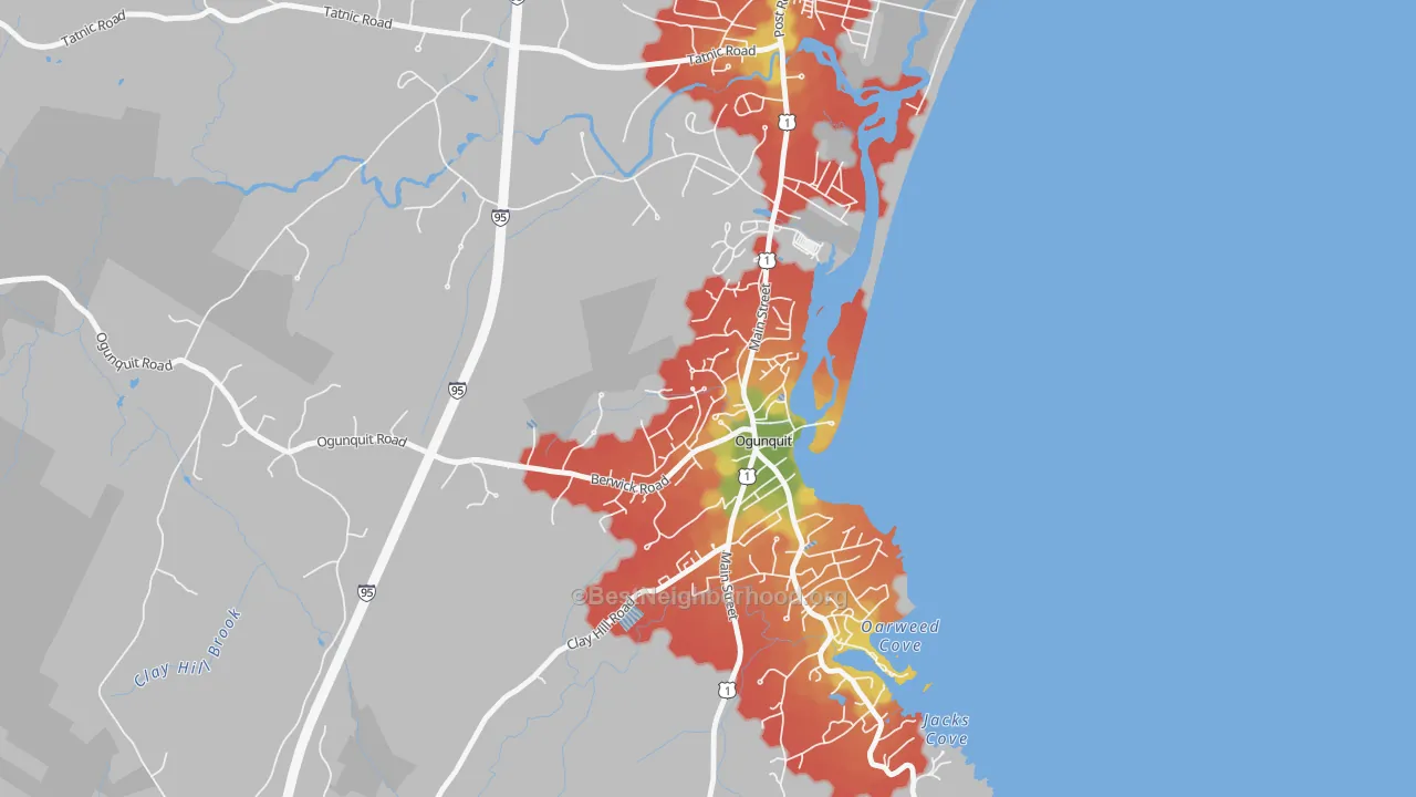Walk Grade map of Ogunquit, ME, walkable areas in green and car-dependent areas in red