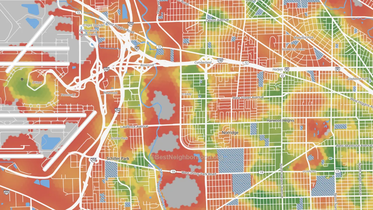 Walk Grade map of O'Hare, Chicago, IL, walkable areas in green and car-dependent areas in red