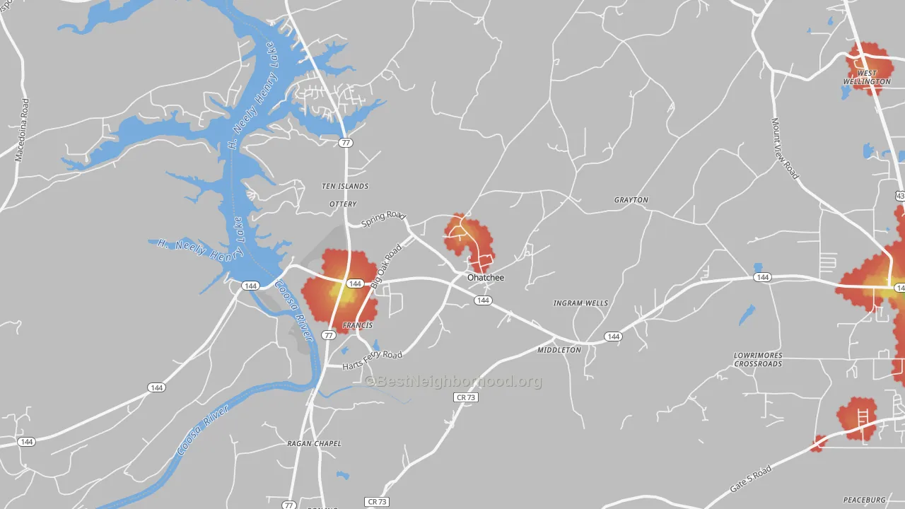 Walk Grade map of Ohatchee, AL, walkable areas in green and car-dependent areas in red