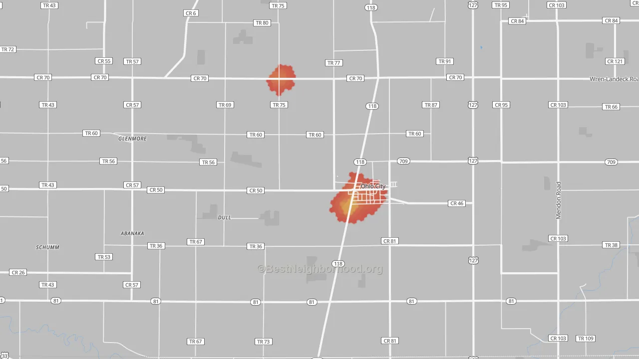 Walk Grade map of Ohio City, OH, walkable areas in green and car-dependent areas in red