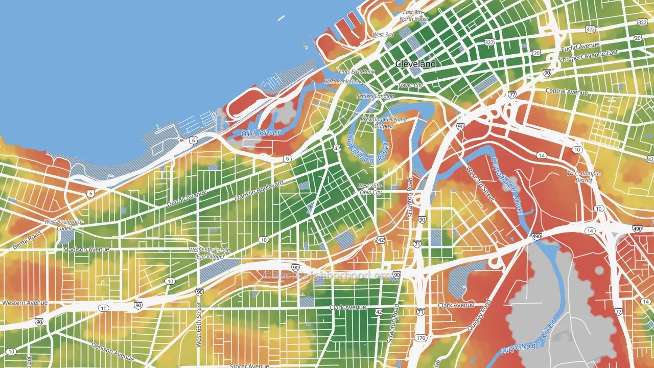 Walk Grade map of Ohio City-West Side, Cleveland, OH, walkable areas in green and car-dependent areas in red