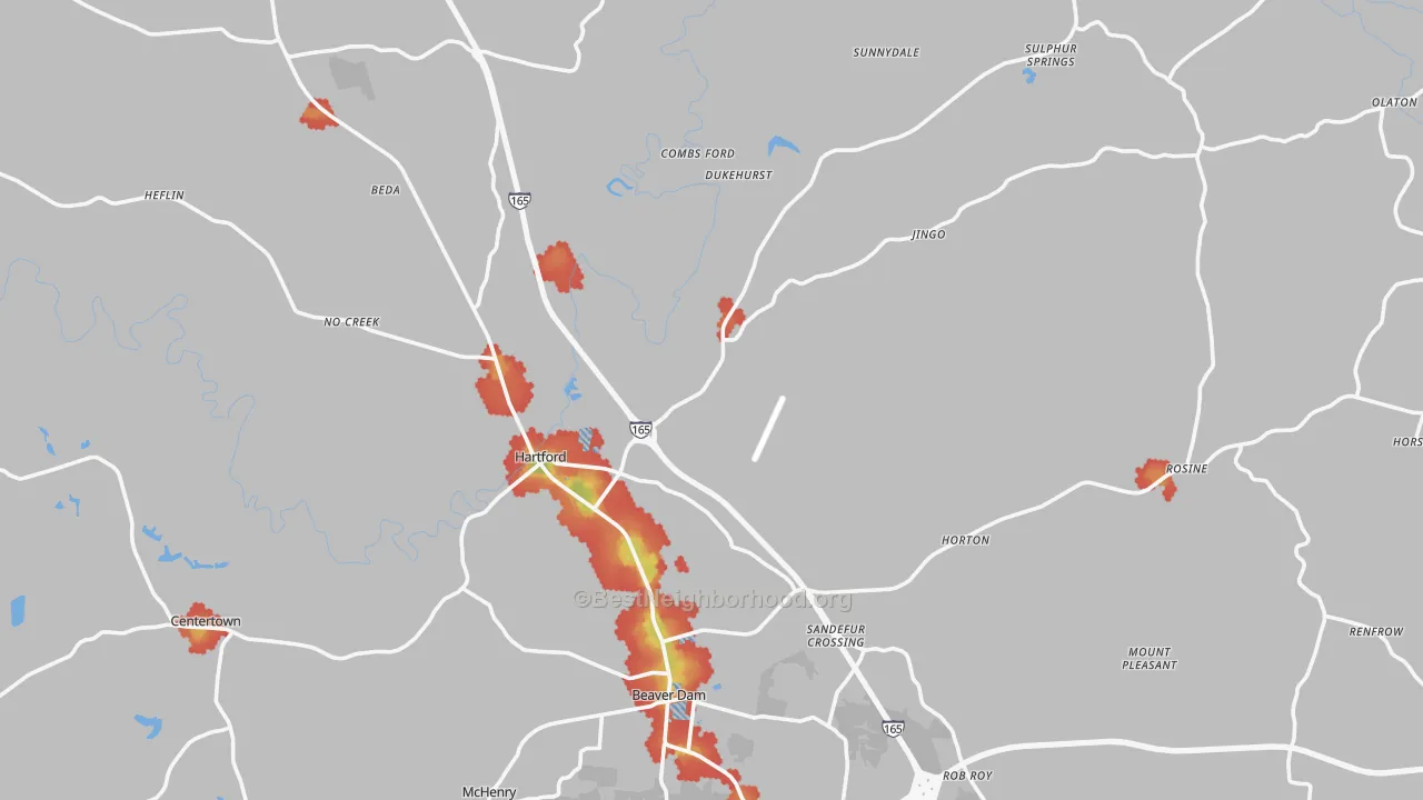 Walk Grade map of Ohio County, KY, walkable areas in green and car-dependent areas in red