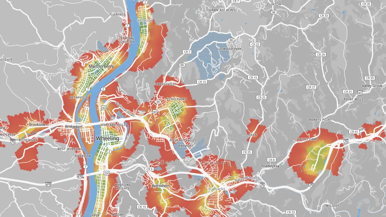 Walk Grade map of Ohio County, WV, walkable areas in green and car-dependent areas in red
