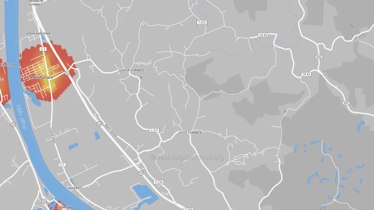 Walk Grade map of Ohio Furnace, OH, walkable areas in green and car-dependent areas in red
