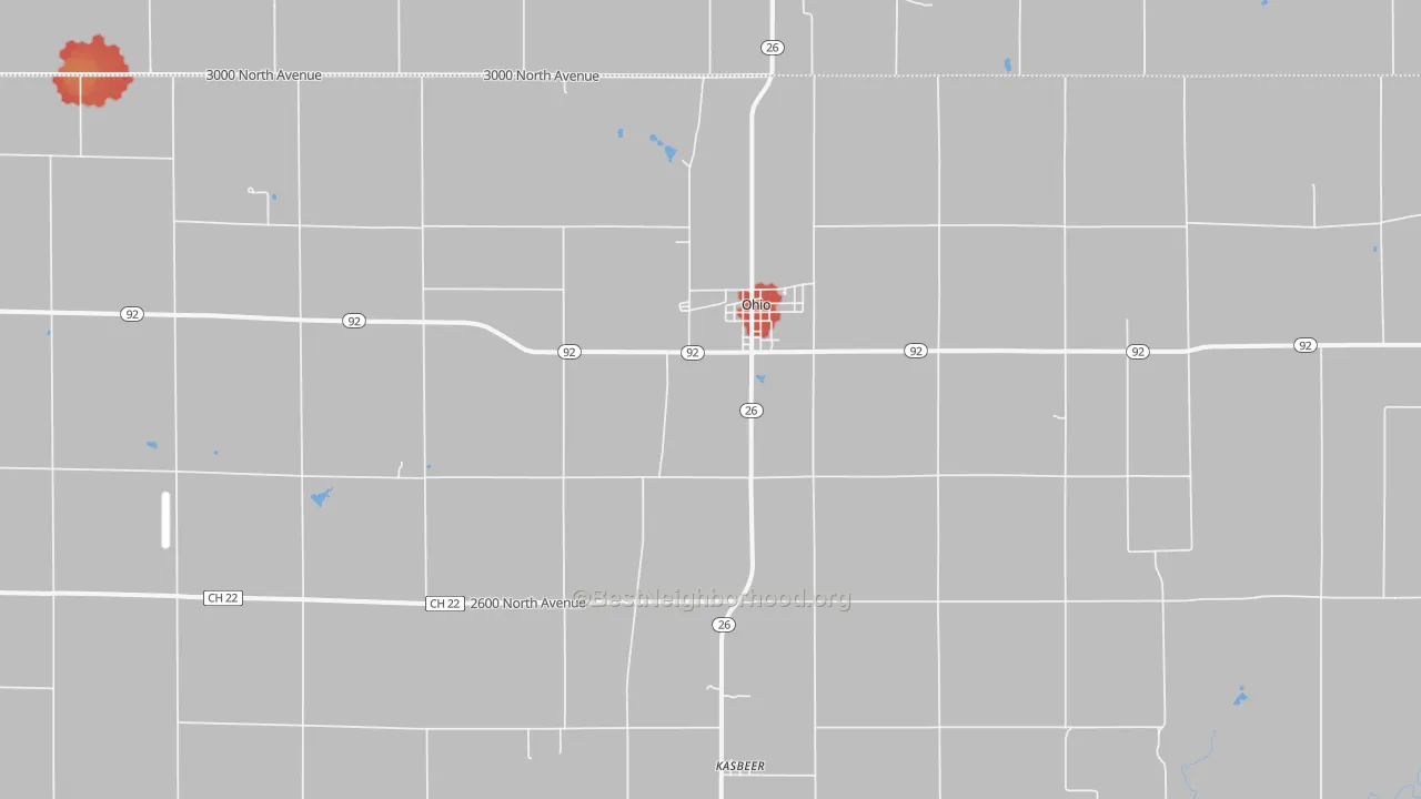 Walk Grade map of Ohio, IL, walkable areas in green and car-dependent areas in red