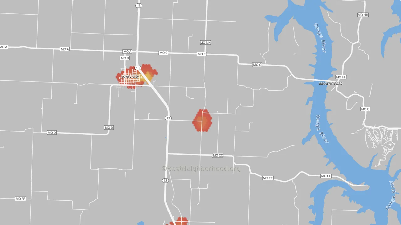 Walk Grade map of Ohio, MO, walkable areas in green and car-dependent areas in red