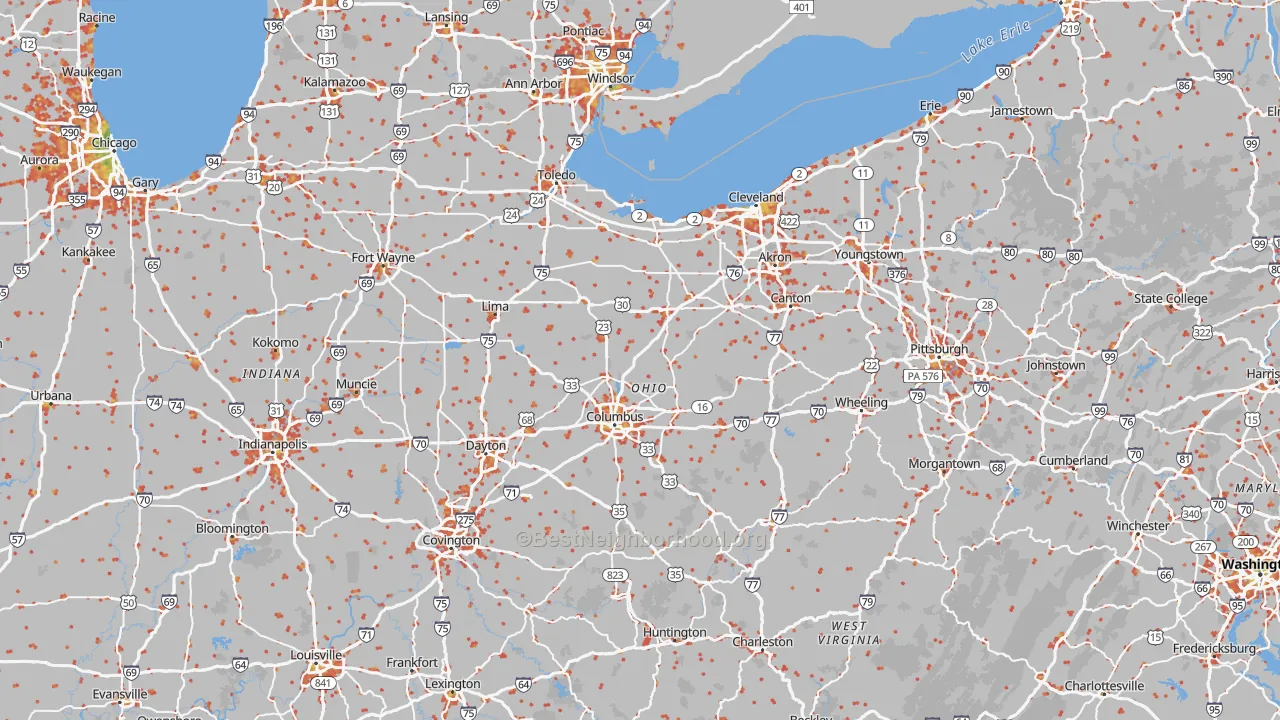 Walk Grade map of Ohio, walkable areas in green and car-dependent areas in red