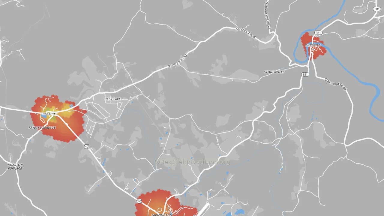 Walk Grade map of Ohiopyle, PA, walkable areas in green and car-dependent areas in red