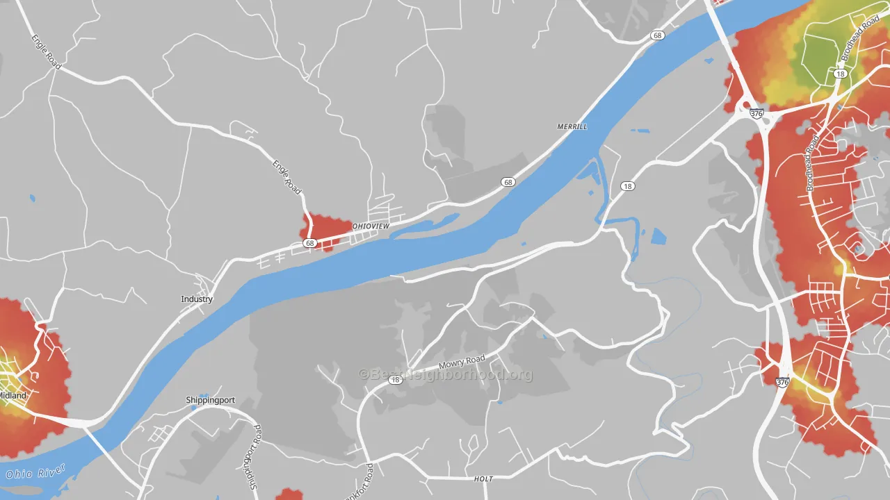 Walk Grade map of Ohioview, PA, walkable areas in green and car-dependent areas in red
