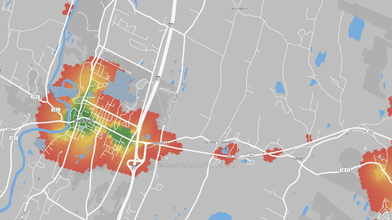 Walk Grade map of Ohioville, NY, walkable areas in green and car-dependent areas in red