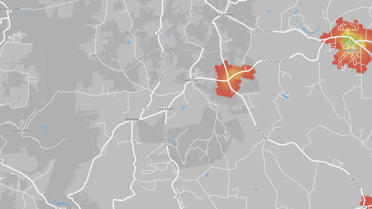 Walk Grade map of Ohioville, PA, walkable areas in green and car-dependent areas in red