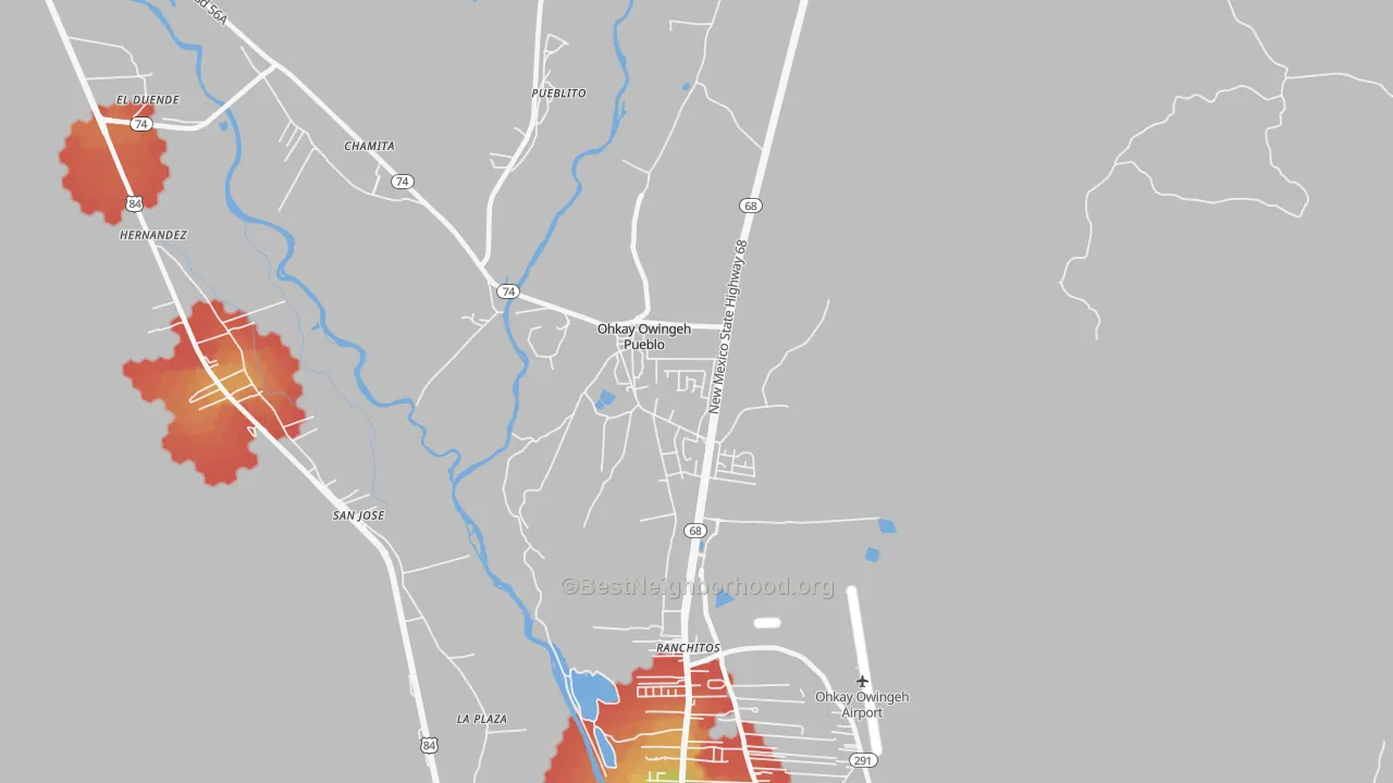 Walk Grade map of Ohkay Owingeh, NM, walkable areas in green and car-dependent areas in red
