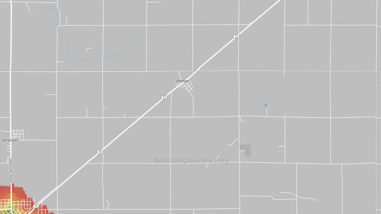 Walk Grade map of Ohlman, IL, walkable areas in green and car-dependent areas in red