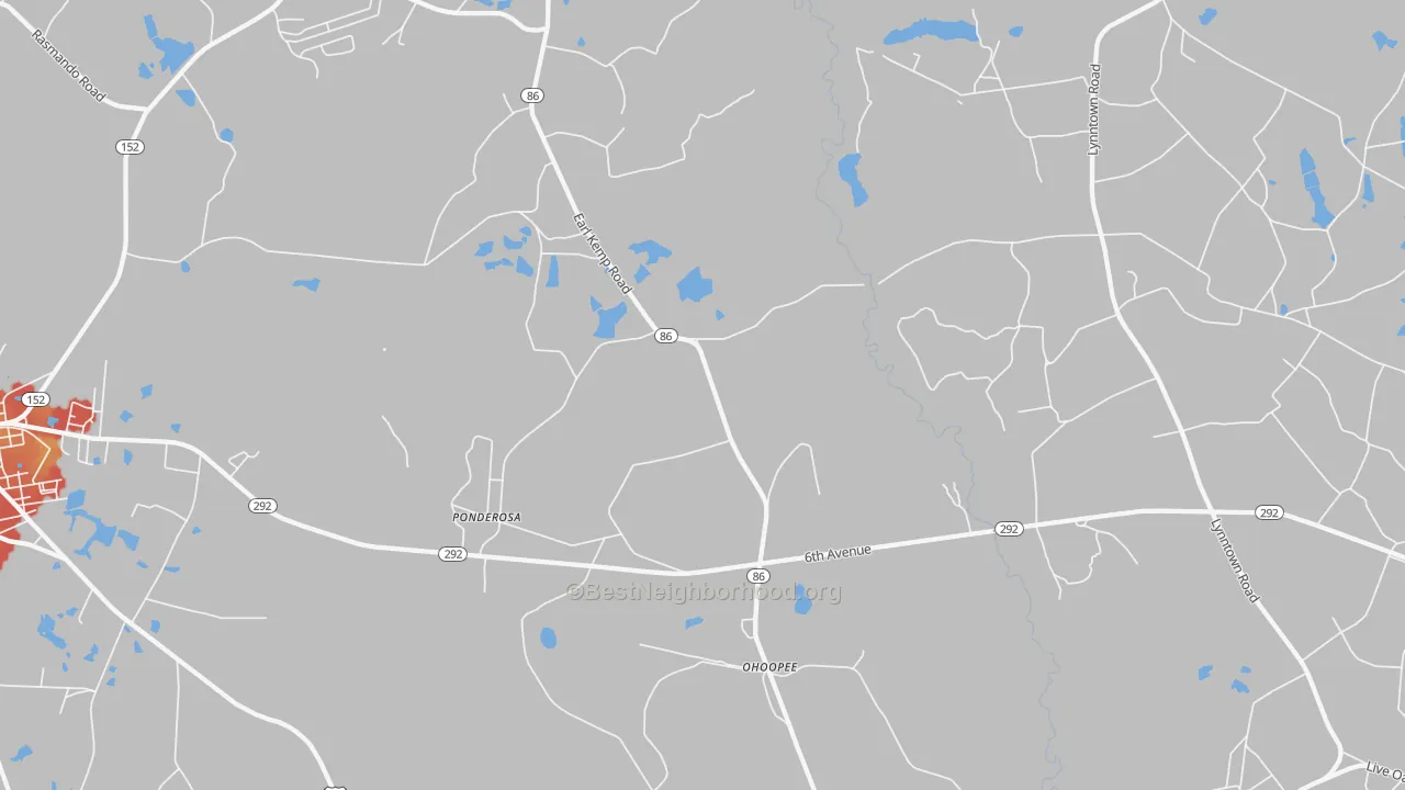 Walk Grade map of Ohoopee, GA, walkable areas in green and car-dependent areas in red
