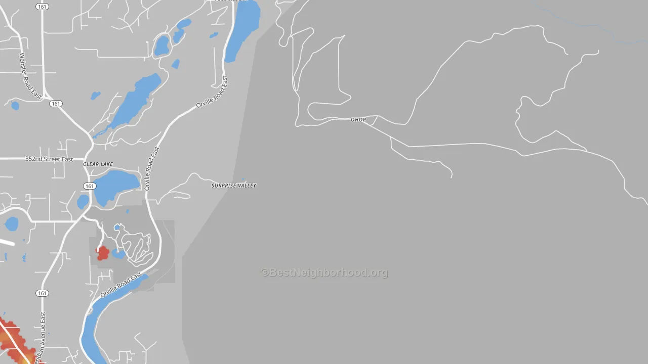 Walk Grade map of Ohop, WA, walkable areas in green and car-dependent areas in red